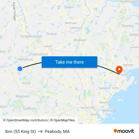 Ibm (55 King St) to Peabody, MA map