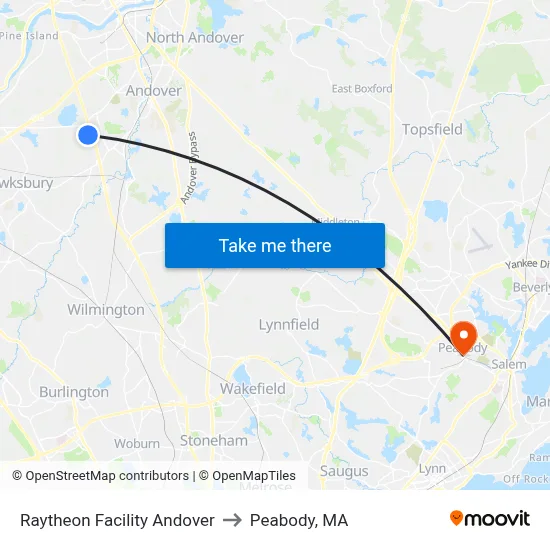 Raytheon Facility Andover to Peabody, MA map