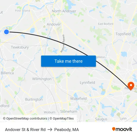 Andover St & River Rd to Peabody, MA map