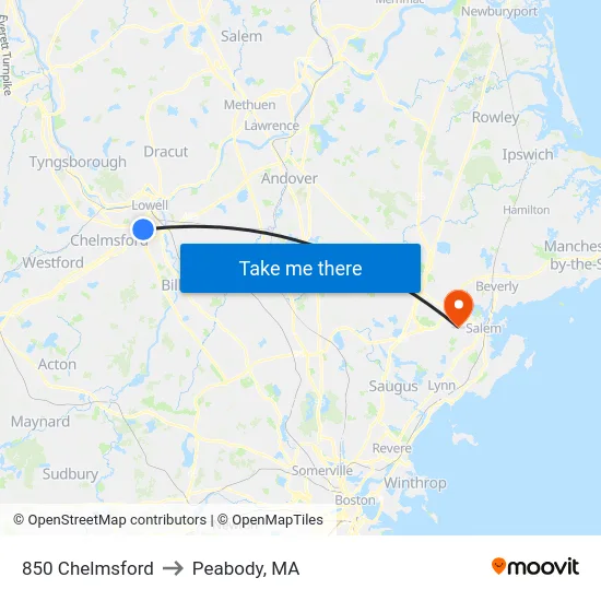 850 Chelmsford to Peabody, MA map