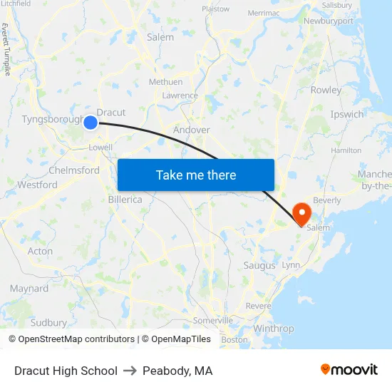 Dracut High School to Peabody, MA map