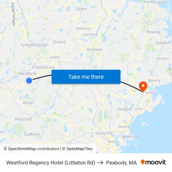 Westford Regency Hotel (Littleton Rd) to Peabody, MA map