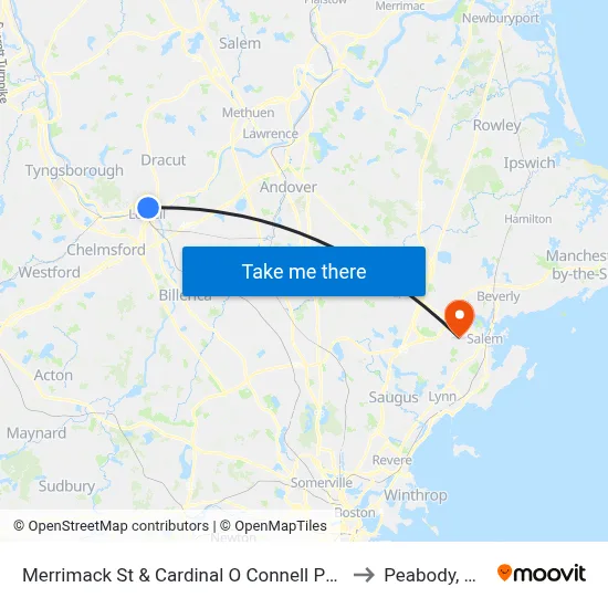 Merrimack St & Cardinal O Connell Pkwy to Peabody, MA map