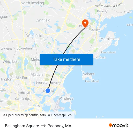 Bellingham Square to Peabody, MA map
