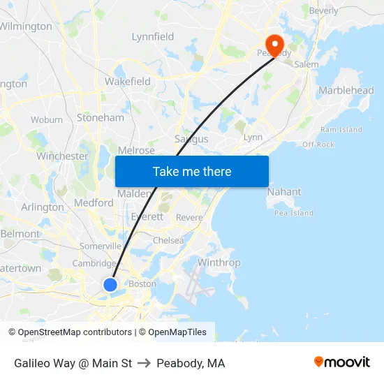 Galileo Way @ Main St to Peabody, MA map