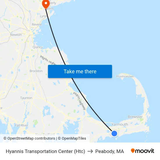 Hyannis Transportation Center (Htc) to Peabody, MA map