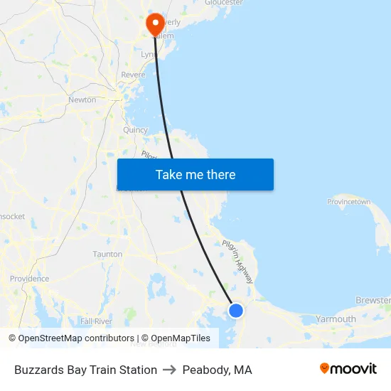 Buzzards Bay Train Station to Peabody, MA map