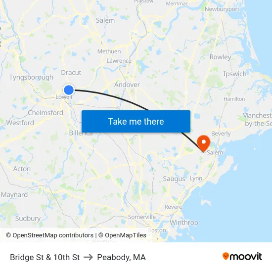 Bridge St & 10th St to Peabody, MA map