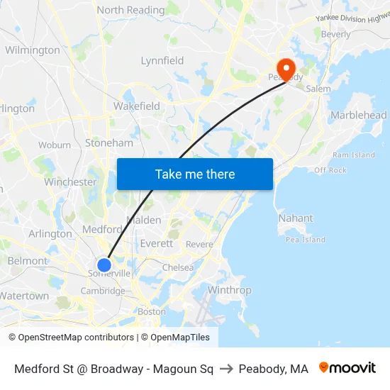 Medford St @ Broadway - Magoun Sq to Peabody, MA map