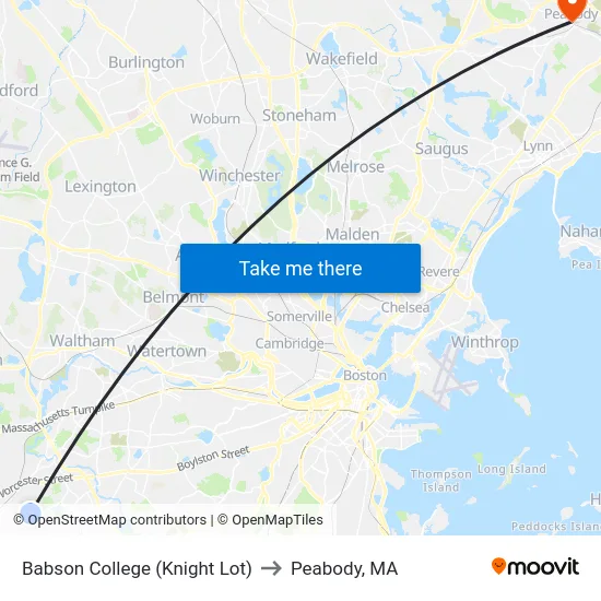 Babson College (Knight Lot) to Peabody, MA map
