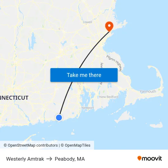 Westerly Amtrak to Peabody, MA map