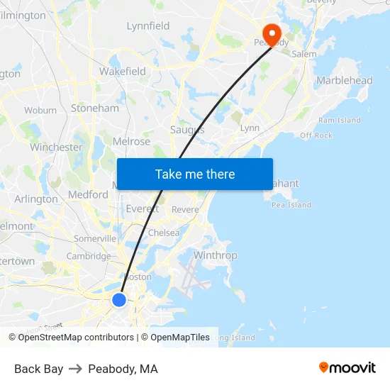 Back Bay to Peabody, MA map