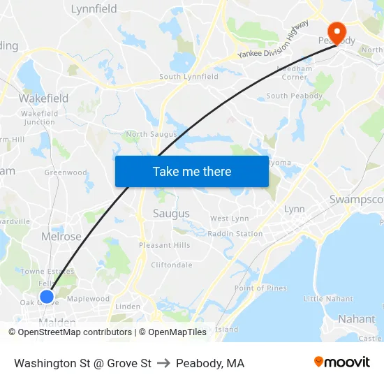 Washington St @ Grove St to Peabody, MA map