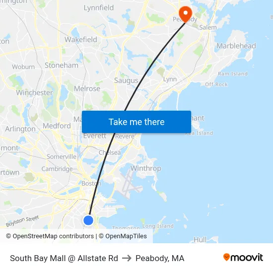 South Bay Mall @ Allstate Rd to Peabody, MA map