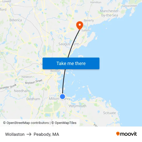 Wollaston to Peabody, MA map