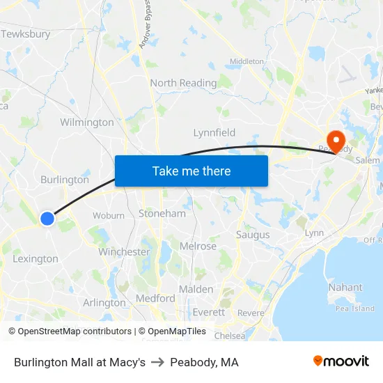 Burlington Mall at Macy's to Peabody, MA map