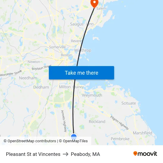 Pleasant St at Vincentes to Peabody, MA map