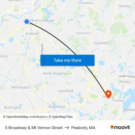 S Broadway & Mt Vernon Street to Peabody, MA map