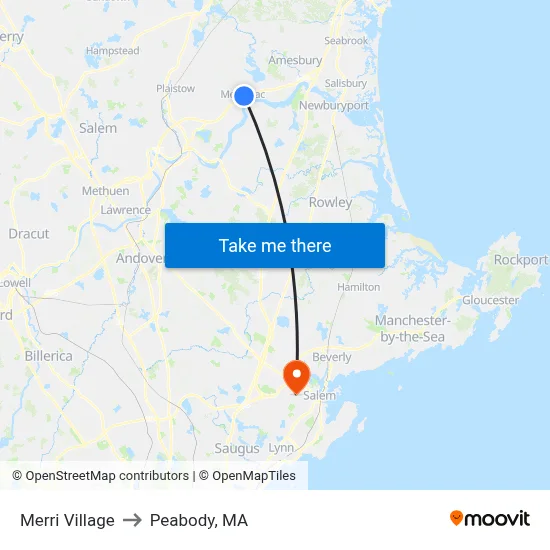 Merri Village to Peabody, MA map