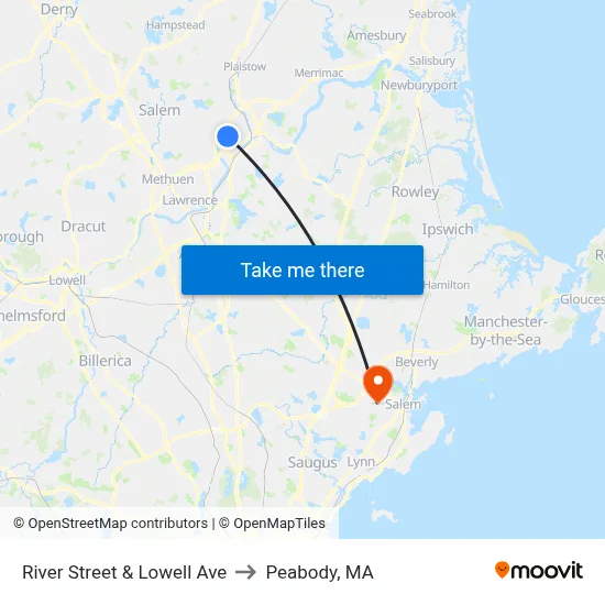 River Street & Lowell Ave to Peabody, MA map
