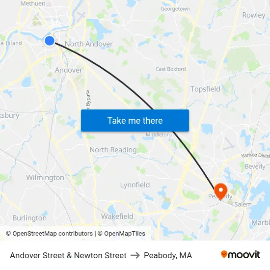 Andover Street & Newton Street to Peabody, MA map