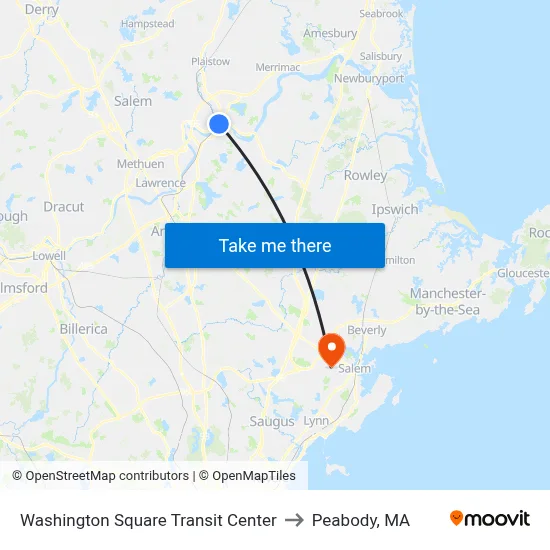 Washington Square Transit Center to Peabody, MA map