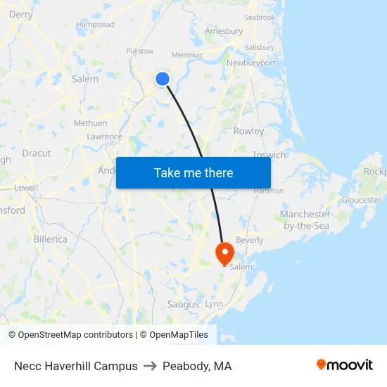 Necc Haverhill Campus to Peabody, MA map
