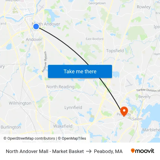 North Andover Mall - Market Basket to Peabody, MA map