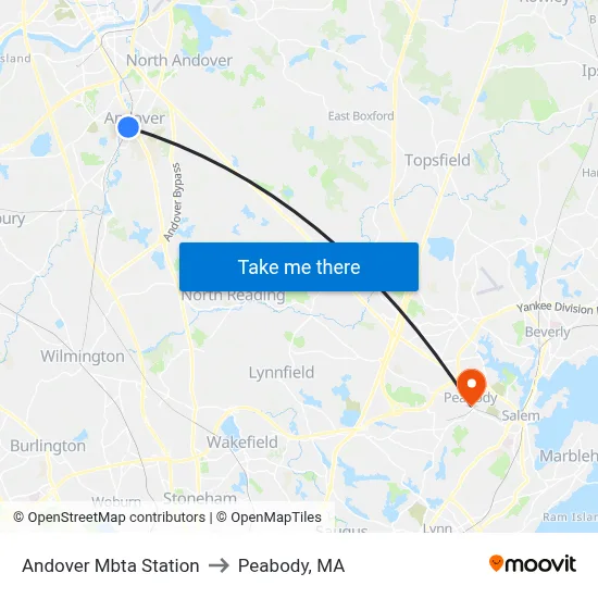 Andover Mbta Station to Peabody, MA map