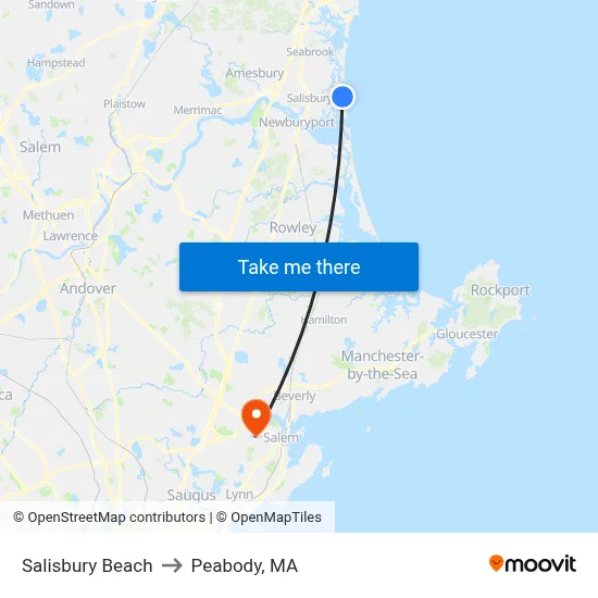 Salisbury Beach to Peabody, MA map