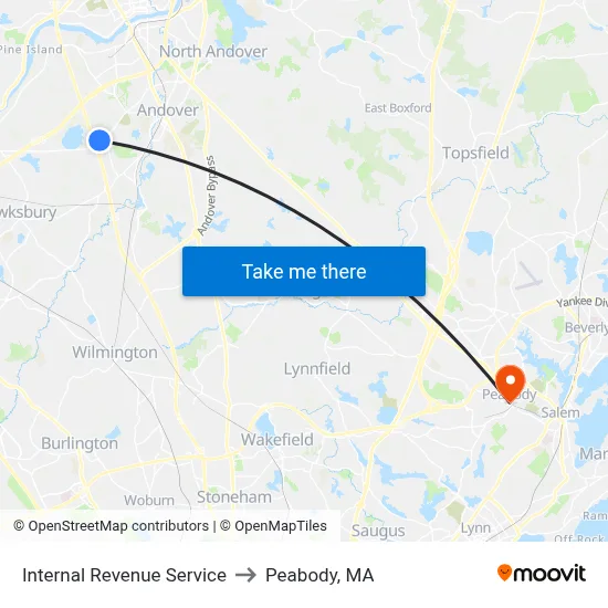 Internal Revenue Service to Peabody, MA map