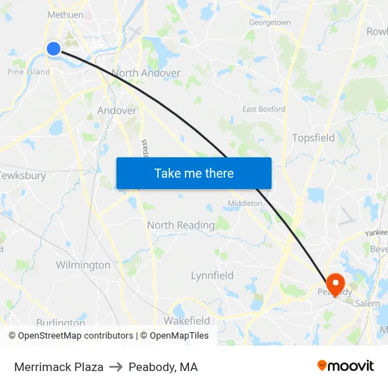 Merrimack Plaza to Peabody, MA map