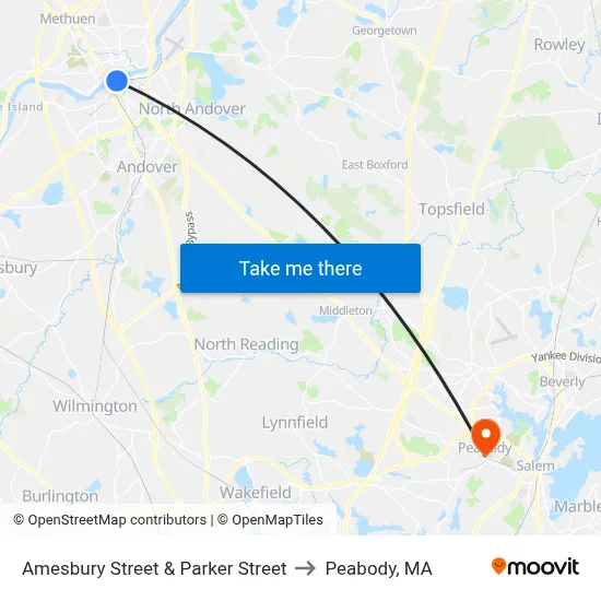 Amesbury Street & Parker Street to Peabody, MA map