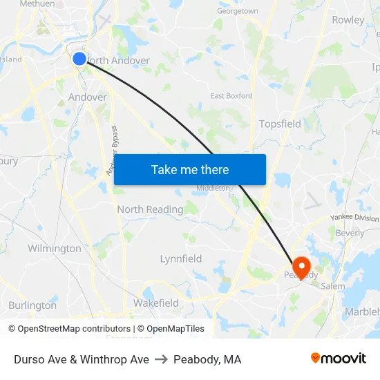 Durso Ave & Winthrop Ave to Peabody, MA map