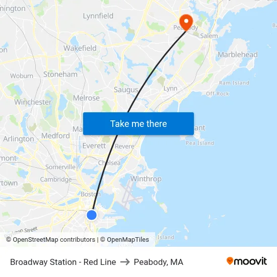 Broadway Station - Red Line to Peabody, MA map