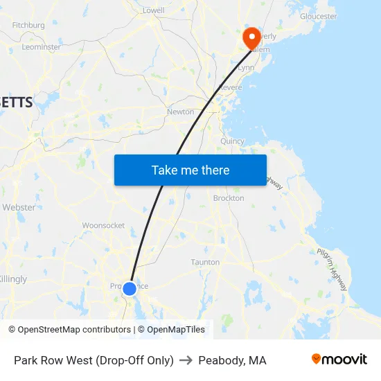Park Row West (Drop-Off Only) to Peabody, MA map