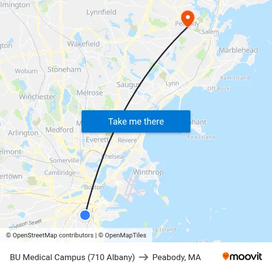 BU Medical Campus (710 Albany) to Peabody, MA map