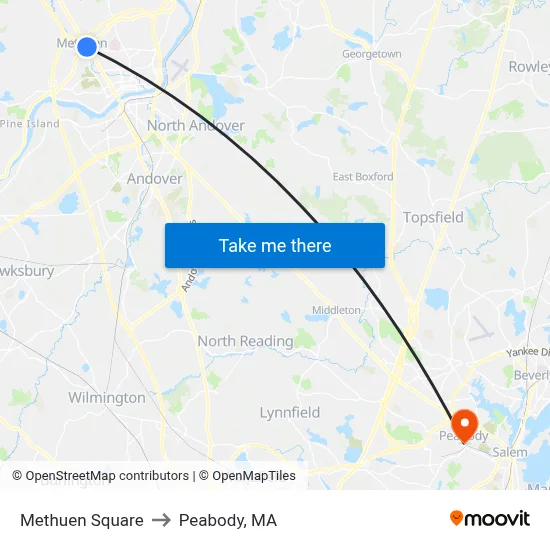 Methuen Square to Peabody, MA map