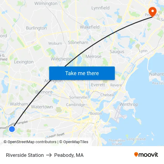 Riverside Station to Peabody, MA map
