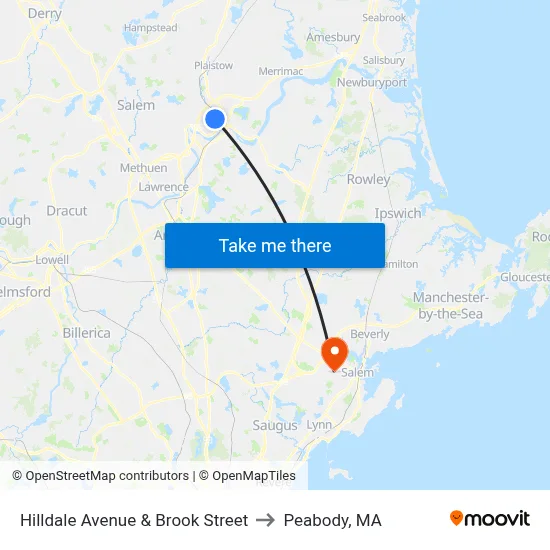 Hilldale Avenue & Brook Street to Peabody, MA map