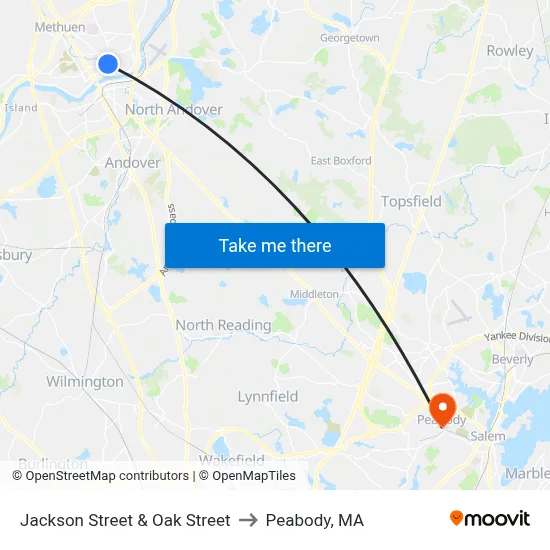 Jackson Street & Oak Street to Peabody, MA map