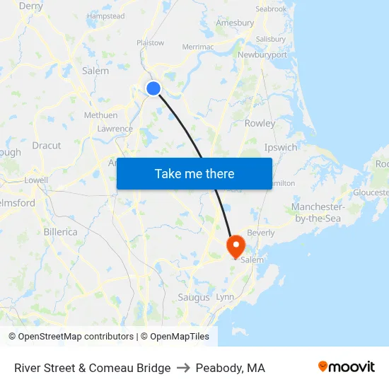 River Street & Comeau Bridge to Peabody, MA map