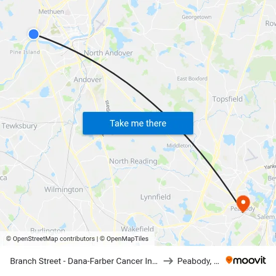 Branch Street - Dana-Farber Cancer Institute to Peabody, MA map