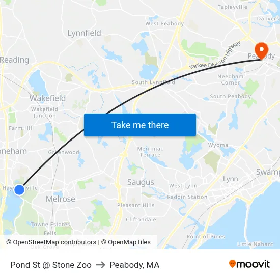 Pond St @ Stone Zoo to Peabody, MA map