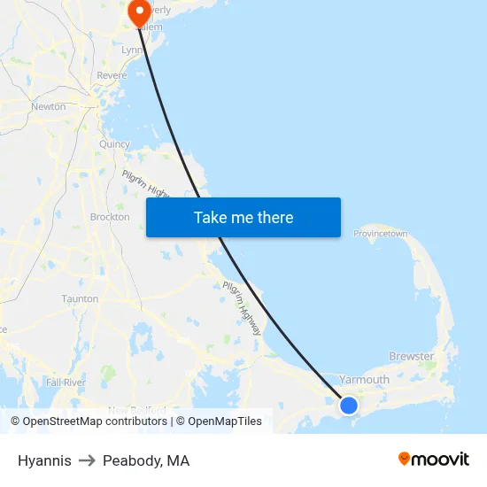 Hyannis to Peabody, MA map