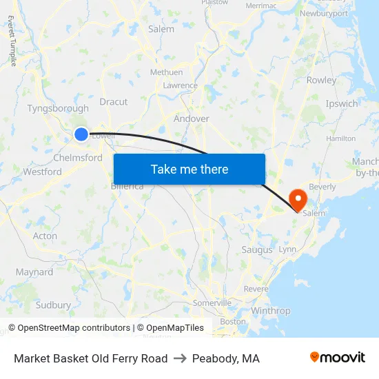 Market Basket Old Ferry Road to Peabody, MA map