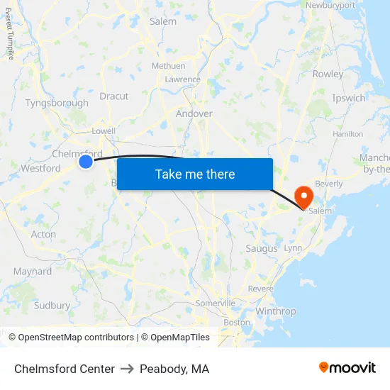 Chelmsford Center to Peabody, MA map