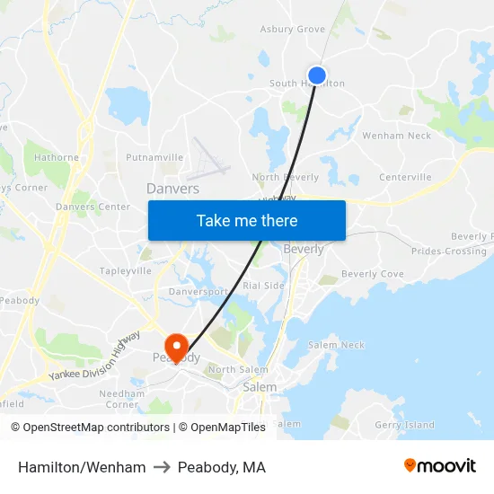 Hamilton/Wenham to Peabody, MA map