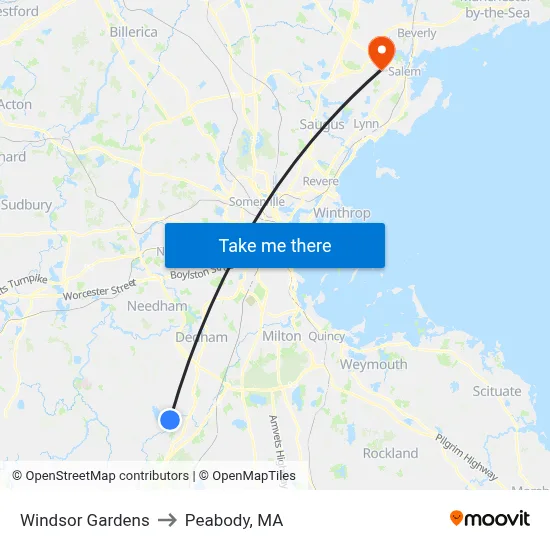 Windsor Gardens to Peabody, MA map