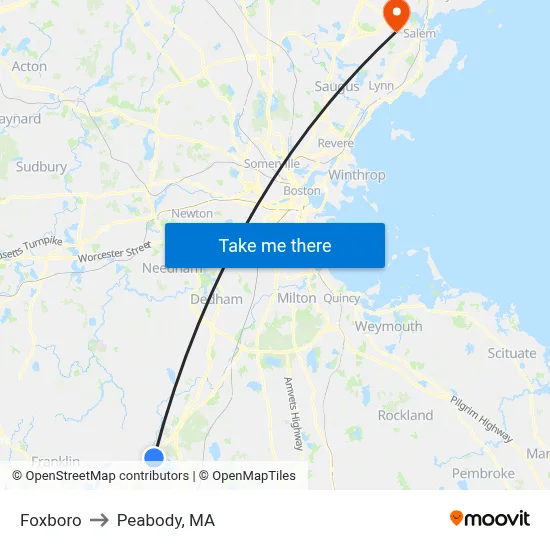 Foxboro to Peabody, MA map